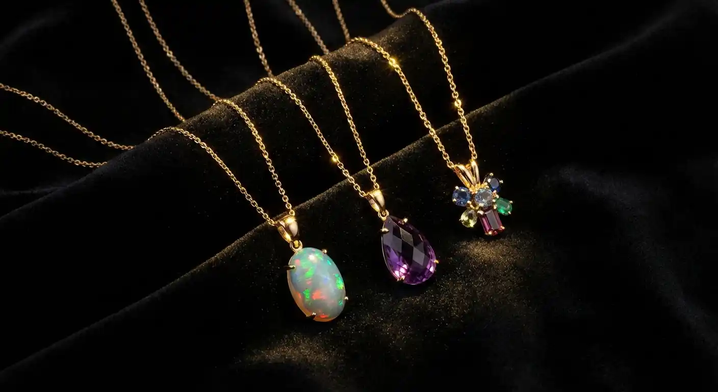 Elegant pendant necklaces displayed on velvet jewelry stand with soft lighting