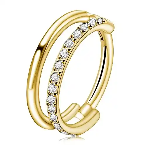 Cover Image for FINE4U Conch Piercing Jewelry Hoops Gold 16G 10mm, ASTM F136 Titanium Cartilage Earrings for Women & Men, Body Implant Grade Nose Rings, Hypoallergenic Hinged Clicker