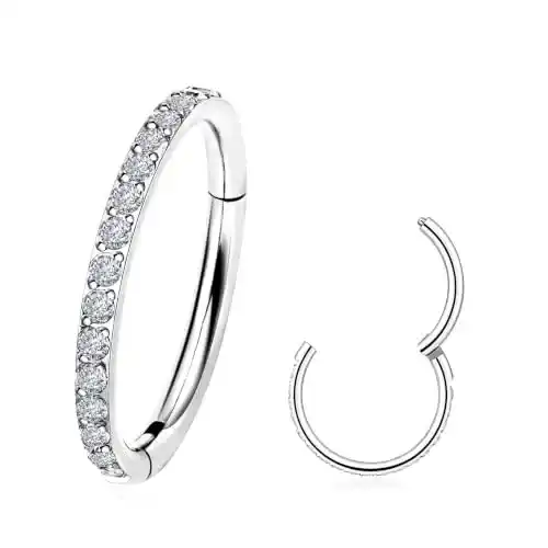Cover Image for body freedom 20G, 18G, 16G Titanium Hoop Nose Ring, Hinged Silver Cartilage Hoop Earrings for Women, Clear CZ Conch Tragus Helix Earrings Septum Nose Piercing Jewelry 6/8/10mm