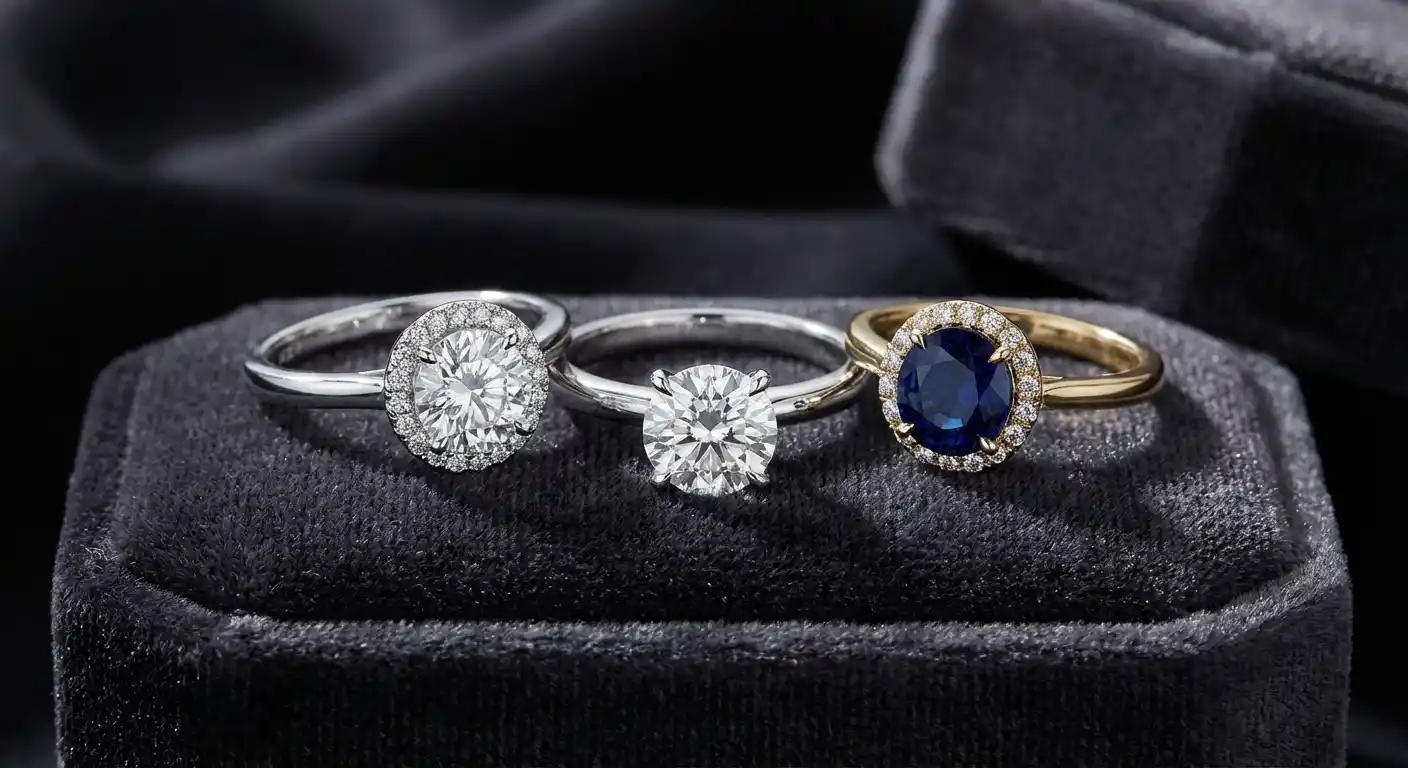 Beautiful affordable engagement rings displayed on elegant dark surface