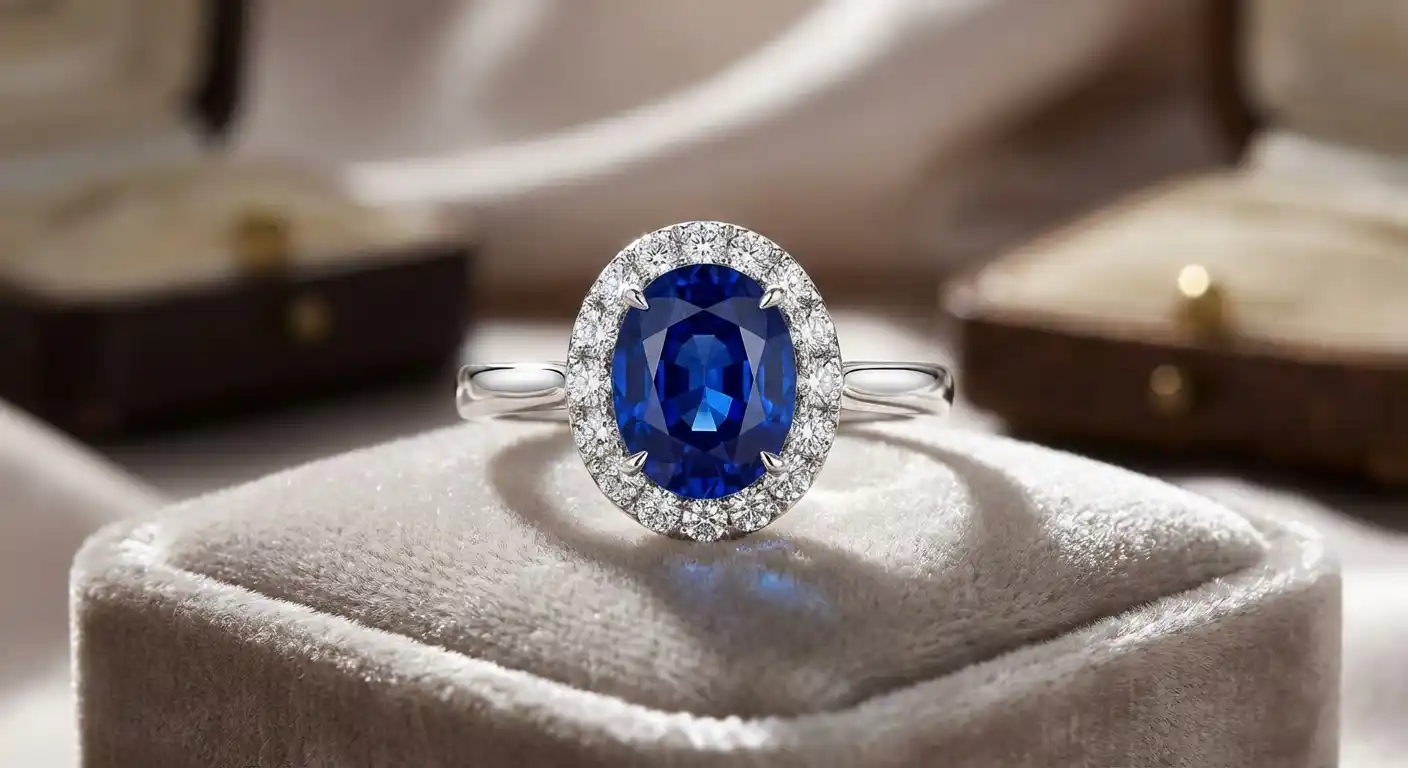 Cover Image for Natural Blue Sapphire and Diamond Halo Ring 14K White Gold