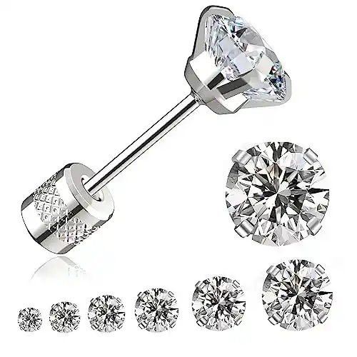 Cover Image for Threadless Flat Back Stud Earrings, 6 Pairs Titanium Hypoallergenic Earrings for Women Men, Cubic Zirconia Silver Gold Stud Earrings Surgical Stainless Steel Stud Earring Set for Cartilage 2-8mm