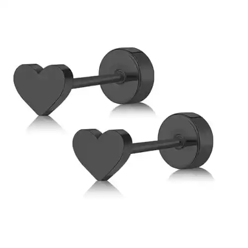 Cover Image for ZDE Women Flat Back Heart Earrings Non-Nickel Star Earrings Titanium Hypoallergenic Cartilage Moon Earrings Stud for Sensitive Ears Simple Classic 5mm Flat Stud Earring (Black 1)