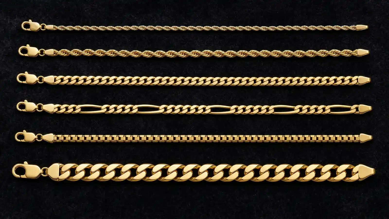 Six yellow gold bracelets in different link constructions — twisted rope, flat Cuban curb, figaro, box chain and a broad heavy curb — arranged in parallel rows on dark charcoal velvet