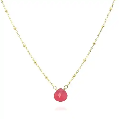 Cover Image for Dainty Bright Rose Pink Genuine Gemstone Necklace 14k Gold Filled 18 Inch Saturn Chain