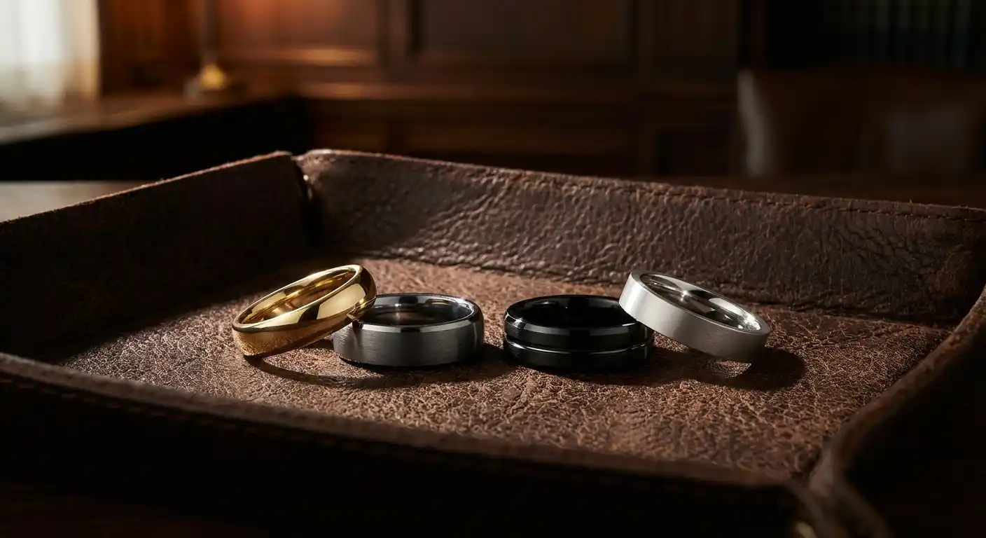 Collection of men's wedding bands in various metals and styles