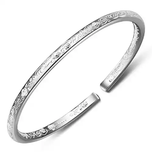 Cover Image for Merdia 999 Solid Sterling Silver Bangle Cuff Bracelets Flower Carved for Women's | Sterling Silver Bracelet | Silver Jewelry | Silver Bracelets for Women | Jewelry for Women