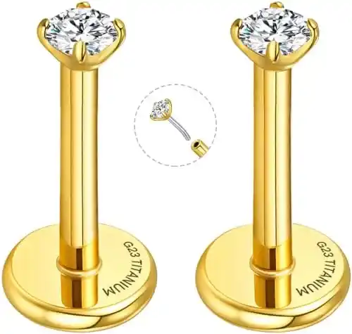 Cover Image for 14k Gold Flat Back Earrings For Women - Threadless 18g Gold Nose Ring - G23 Titanium Flatback Stud Earrings - Nose Studs Flat Back Helix, Conch Secure Easy Push Pin Earring - 18g Threadless Earring Studs Flat Back Piercing Jewelry