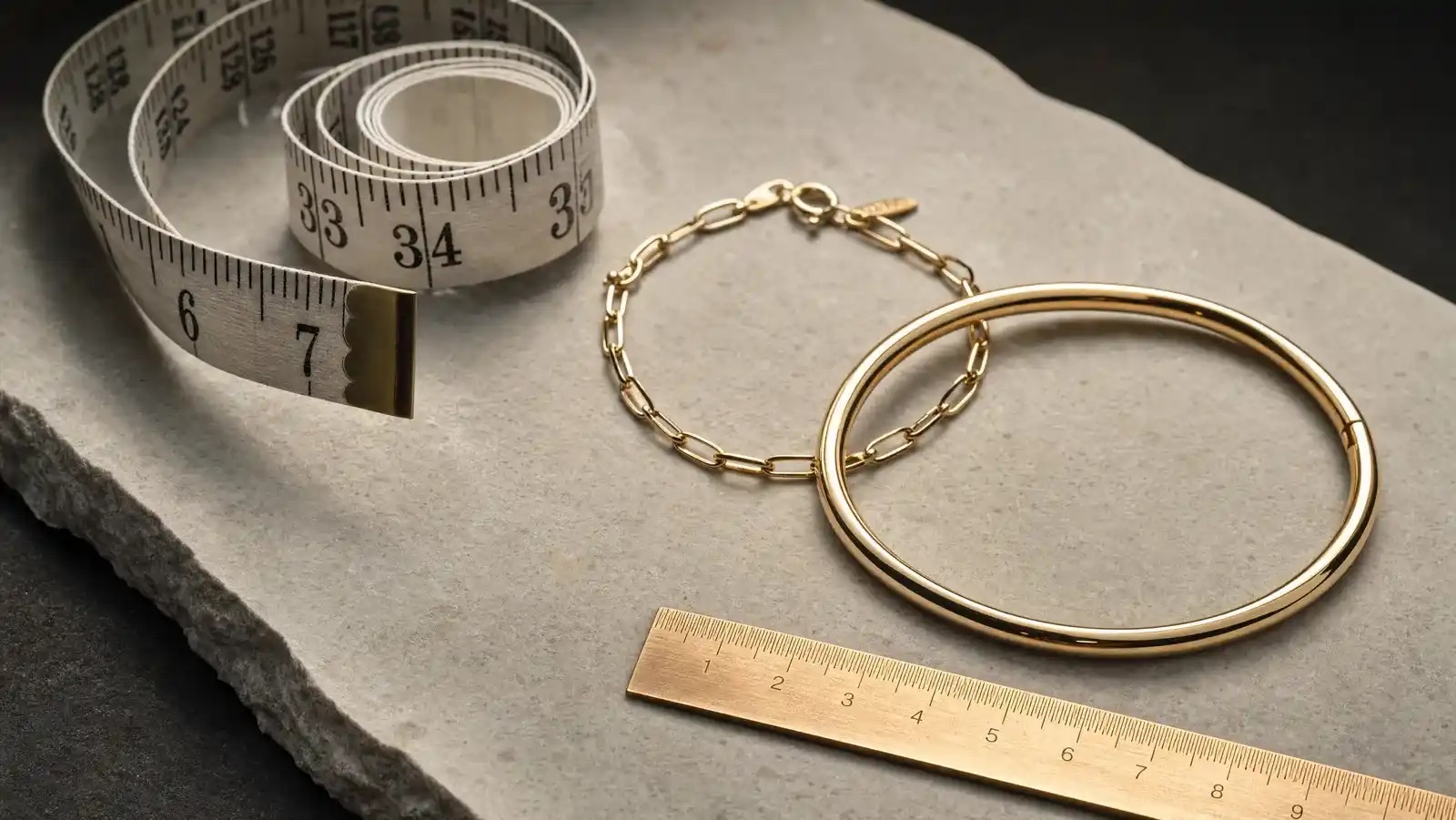 A soft measuring tape coiled beside a slim gold chain bracelet and a gold bangle on a pale stone slab against a dark background