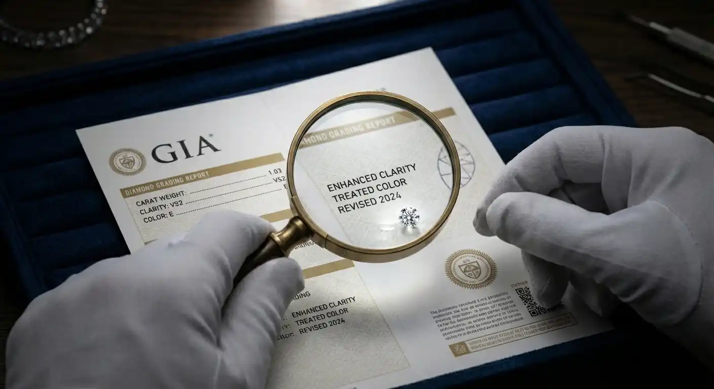 Diamond grading certificate under magnifying glass revealing suspicious details on dark background