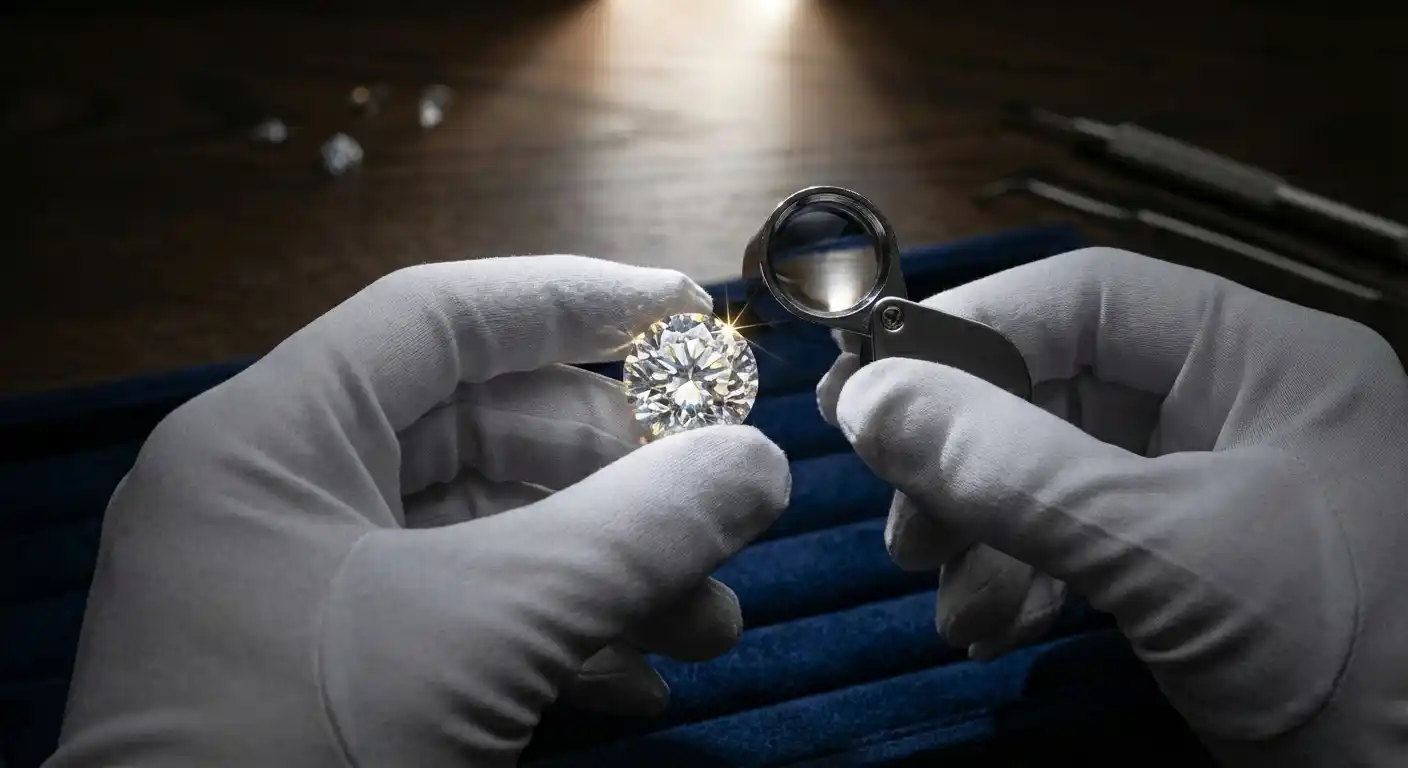 Professional gemologist examining a brilliant gemstone through a jeweler's loupe on dark velvet background