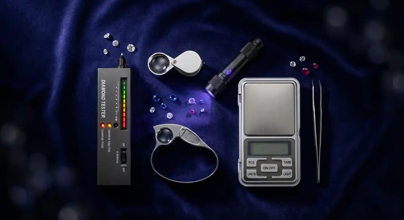 Professional gem testing equipment flat lay including diamond tester, loupe, UV light, and scale on dark background
