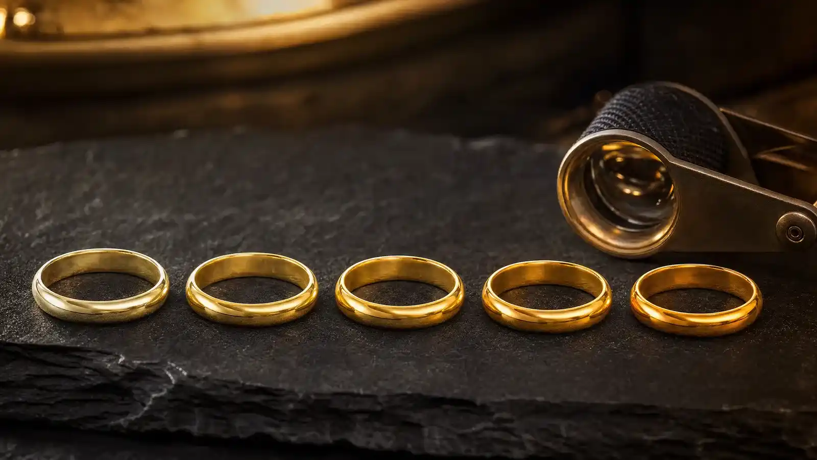 Five gold wedding bands in ascending shades of yellow gold arranged on dark slate beside a jeweler's loupe