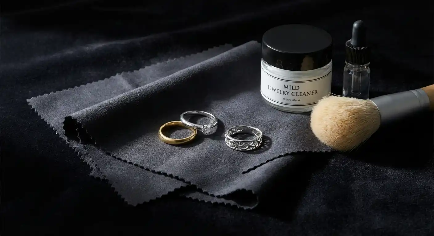 Gold platinum and silver rings arranged on soft cleaning cloth with cleaning supplies