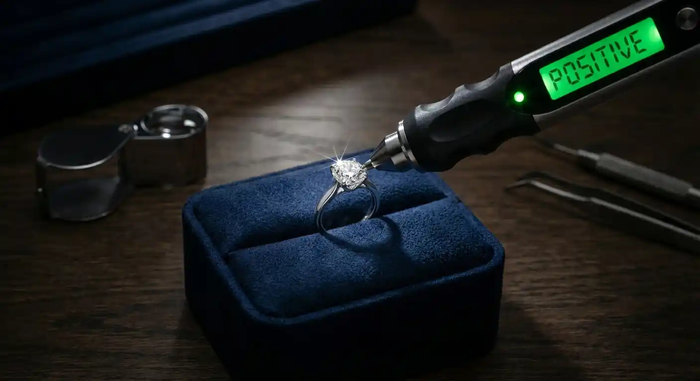 Diamond tester with LED display showing positive reading on brilliant cut diamond against dark background