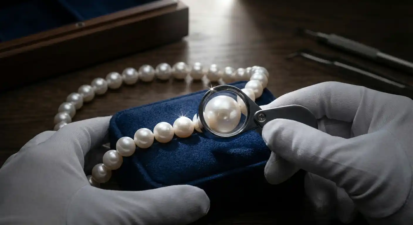 Pearl strand being examined with jeweler's loupe showing surface texture against dark velvet