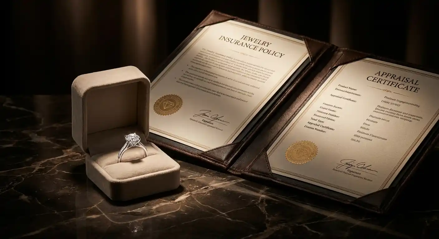 Diamond engagement ring with insurance documents and appraisal certificate on elegant surface
