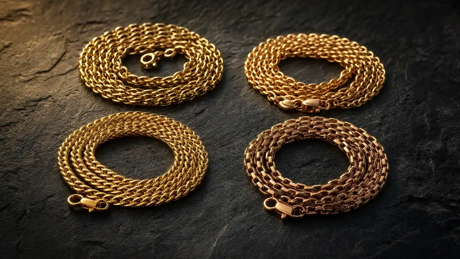 Four coiled gold chain necklaces in different link styles and finishes arranged on dark slate