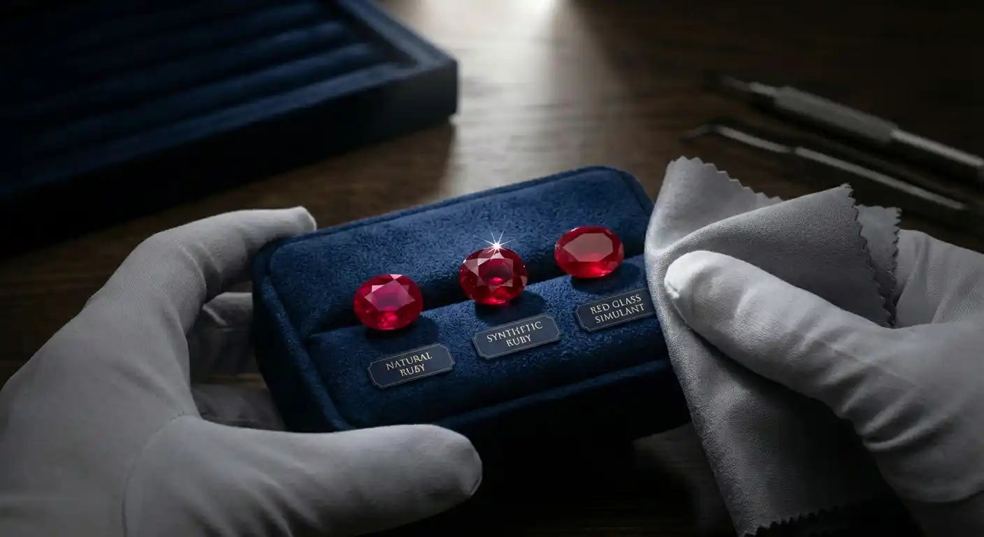 Side-by-side comparison of natural, synthetic, and simulant gemstones on dark velvet background